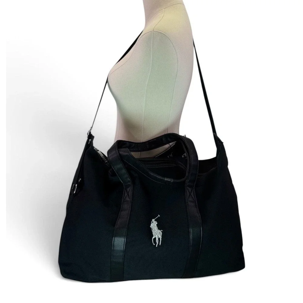 Ralph Lauren Black Canvas Duffle Travel Gym Large Shoulder & Hand Strap Bag